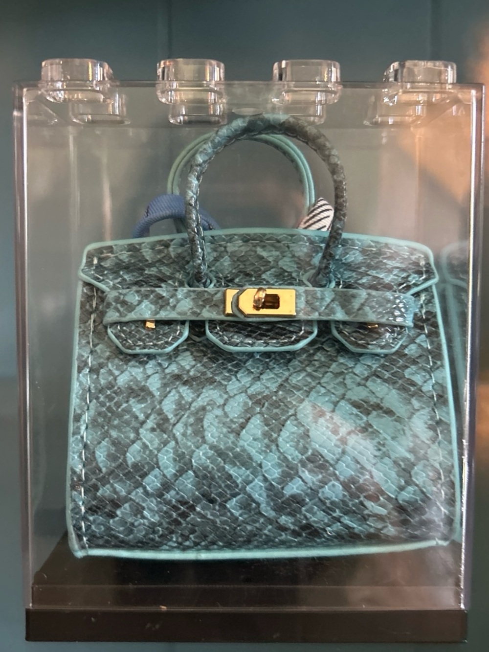 Turquoise Python-Pattern Top Handle Mini Charm Bag